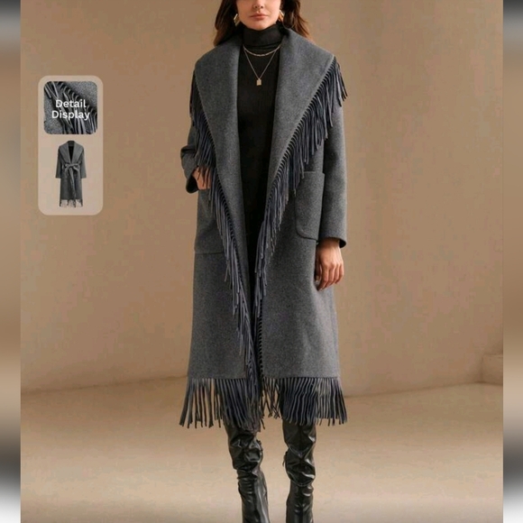 Women's Winter Fringed Decorated Oversized Lapel Melton Jacket, New Year Outfit - Picture 8 of 14